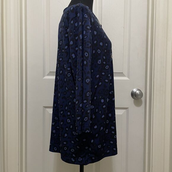 Croft & Barrow Boho Tunic Top Keyhole Neck 3/4 Sleeve Blue Leopard Print Large - Picture 4 of 10